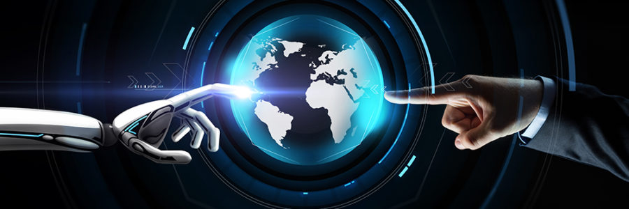 human and robot hand with virtual earth hologram human and robot hand with virtual earth hologram