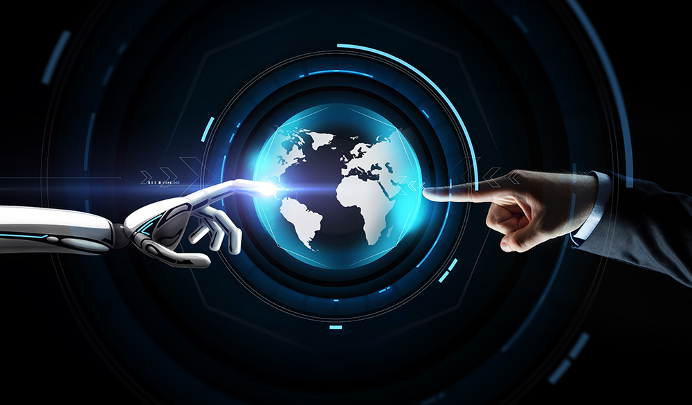 future technology, business and artificial intelligence concept - close up of businessman and robot hand touching virtual earth hologram over black background